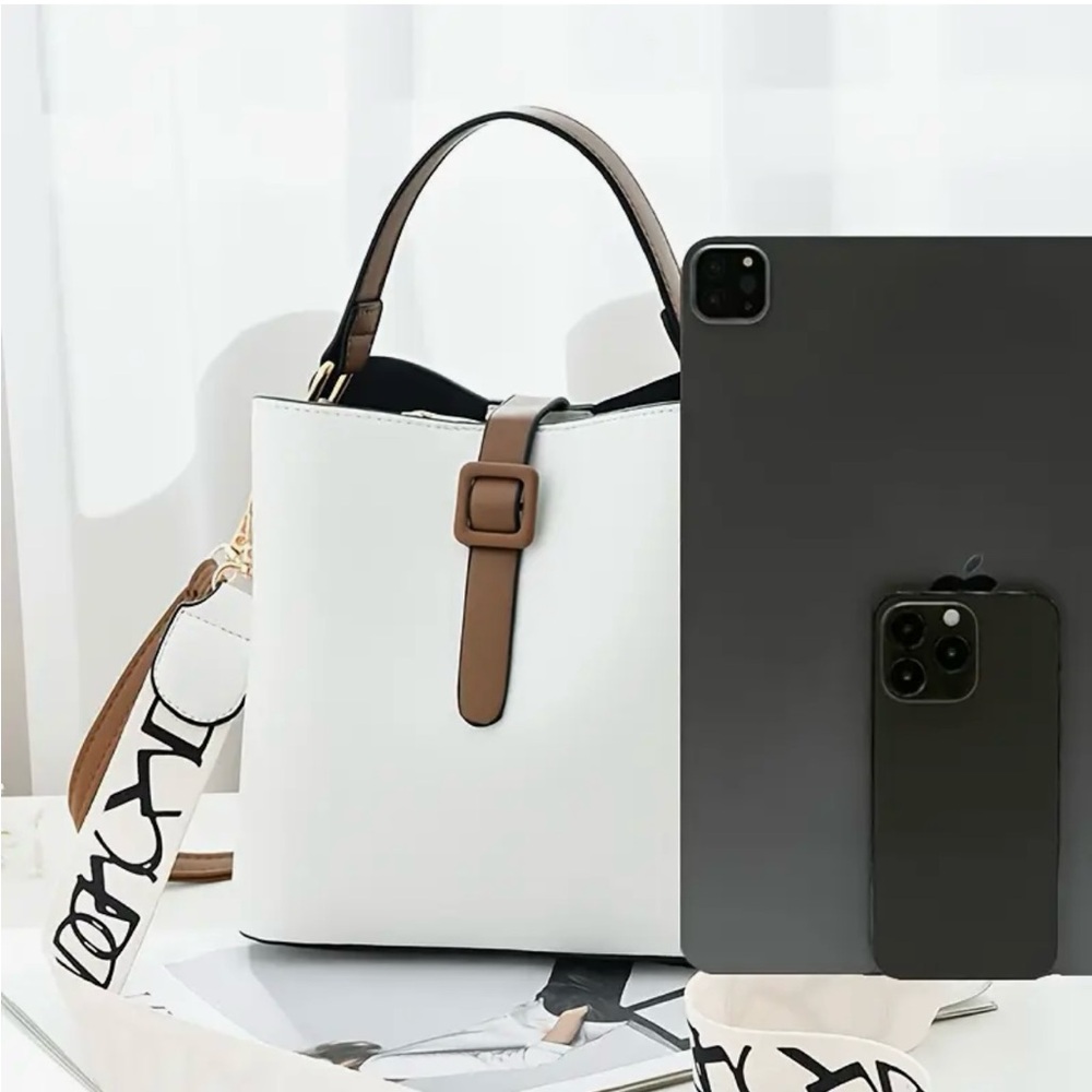 White with Brown Accented Crossbody Bucket Handbag NIP - Picture 3 of 10